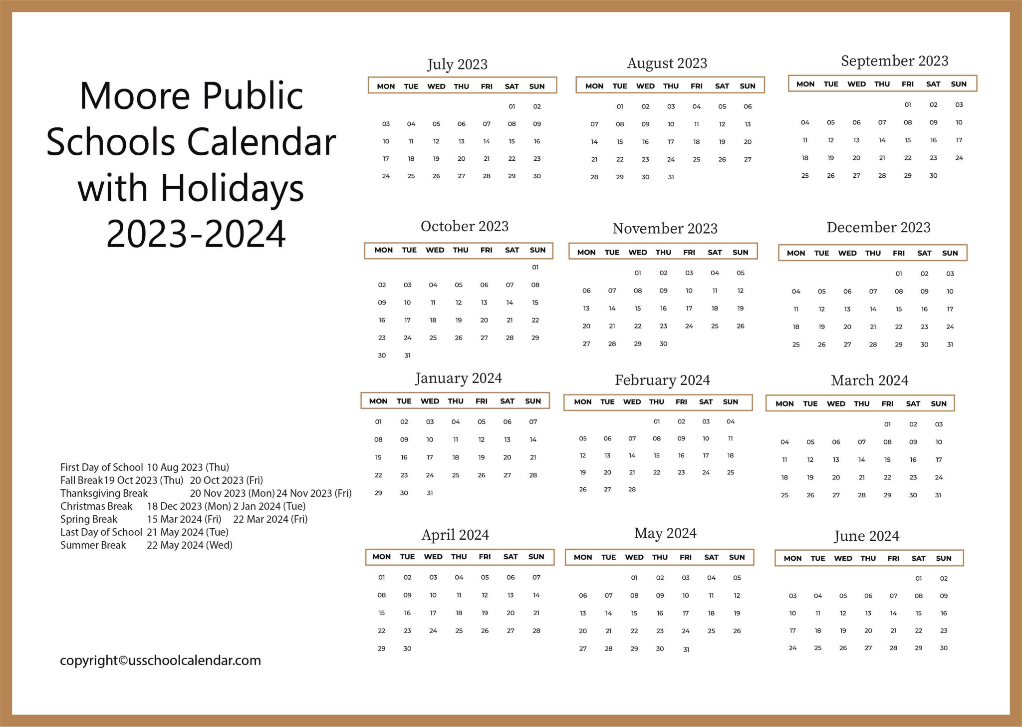 Moore Public Schools Calendar with Holidays 20232024