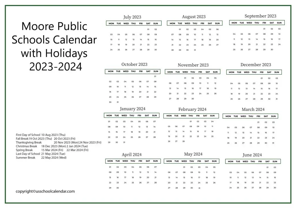 Moore Public Schools Calendar