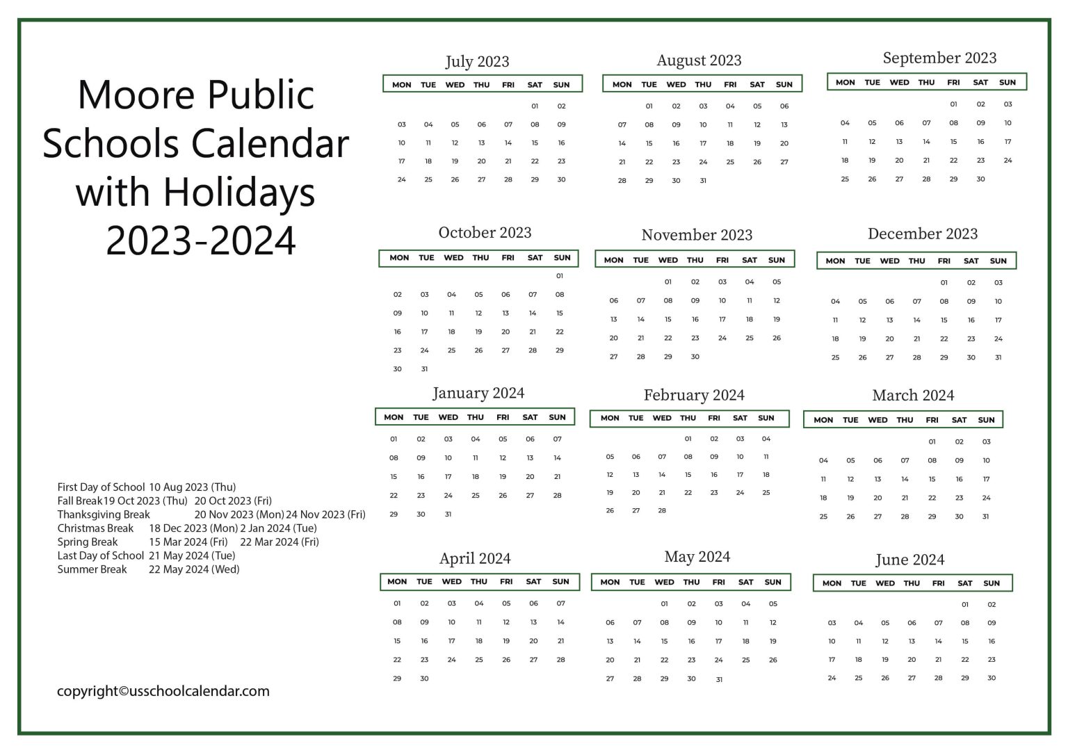 Moore Public Schools Calendar with Holidays 20232024