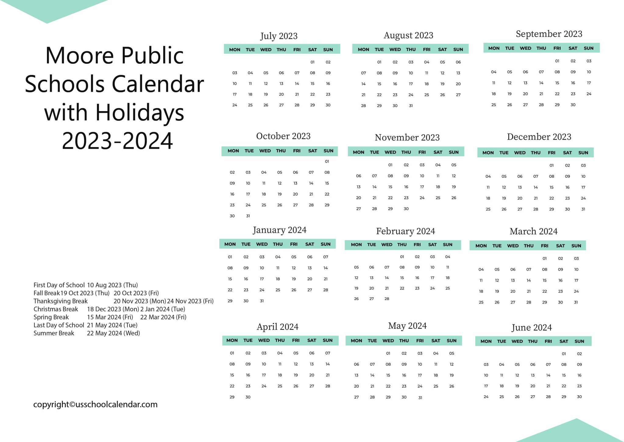 Moore Public Schools Calendar with Holidays 20232024