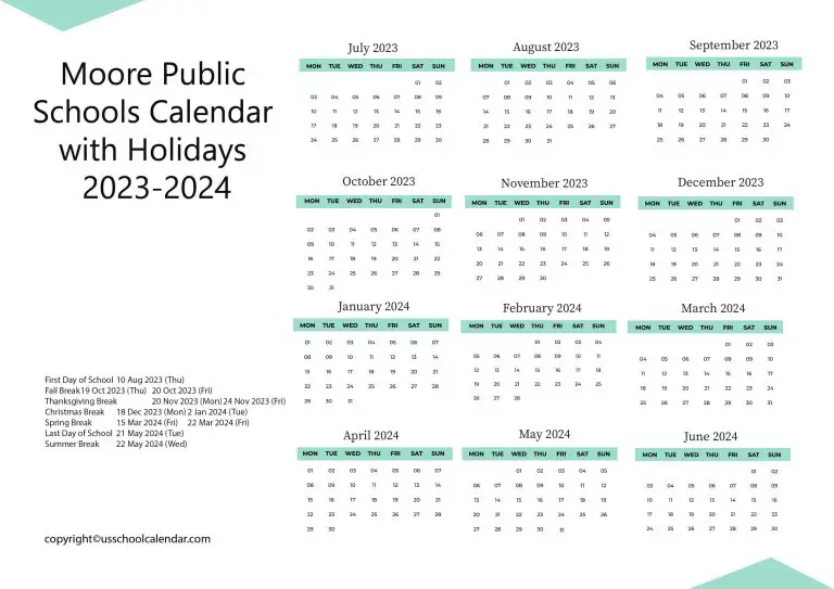 Moore Public Schools Calendar with Holidays 2023-2024