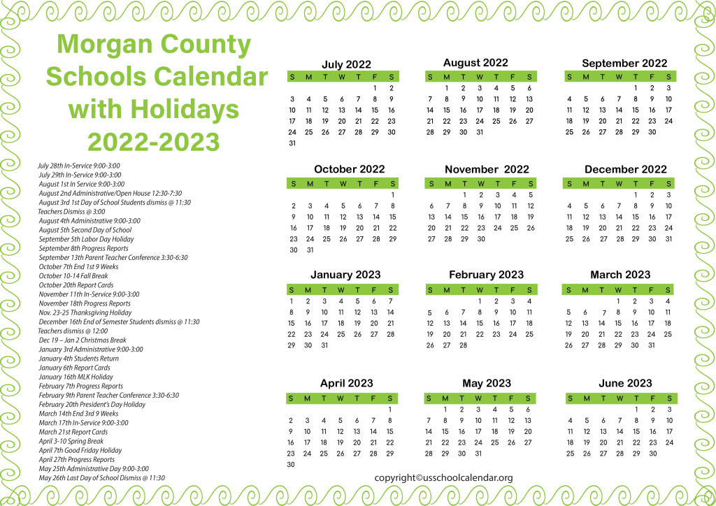 Morgan County Schools Calendar with Holidays 2022-2023