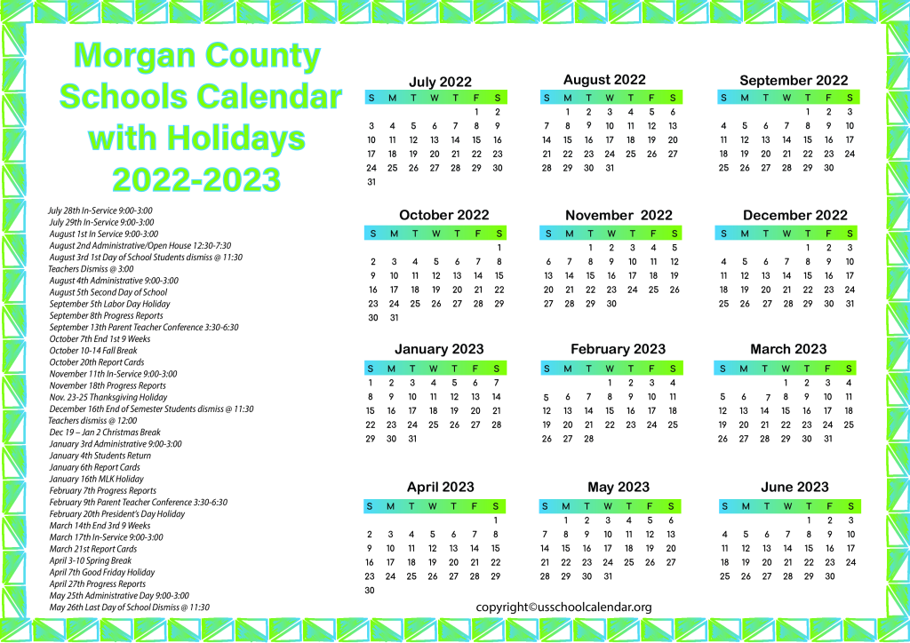 Morgan County Schools Calendar with Holidays 2022-2023 2