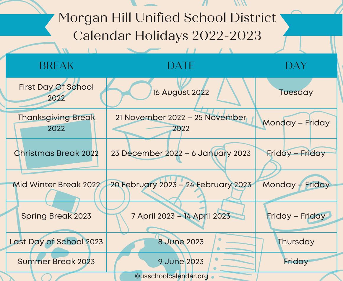 Hill Unified School District Calendar Holidays 20222023