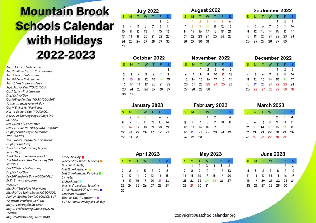 Mountain Brook Schools Calendar with Holidays 2022-2023