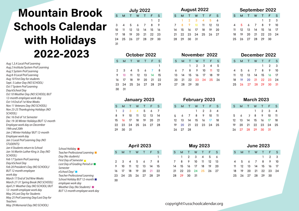 Mountain Brook Schools Calendar with Holidays 2022-2023 2