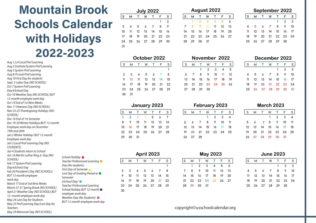 Mountain Brook Schools Calendar with Holidays 2022-2023 3