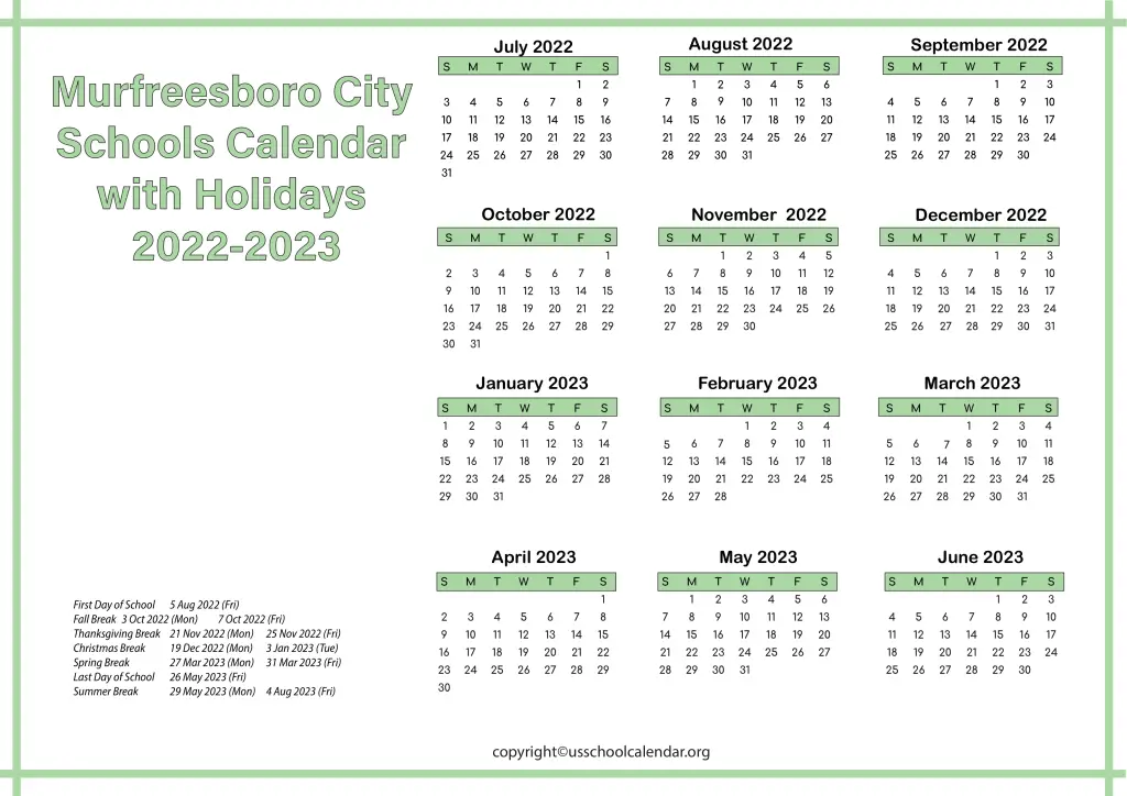 Murfreesboro City Schools Calendar with Holidays 2022-2023