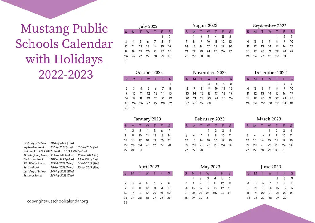 Mustang Public Schools Calendar with Holidays 2022-2023 2