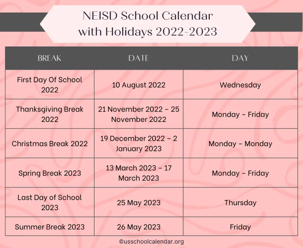 NEISD School Calendar with Holidays 2022-2023