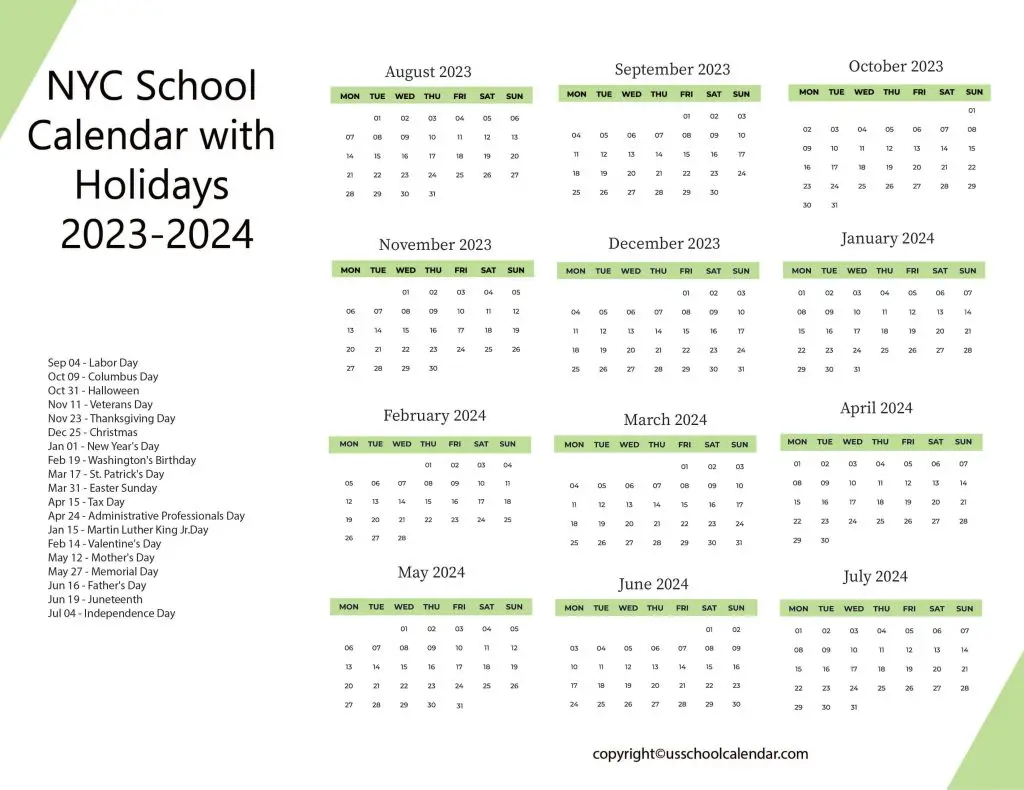 NYC Public School Holiday Calendar