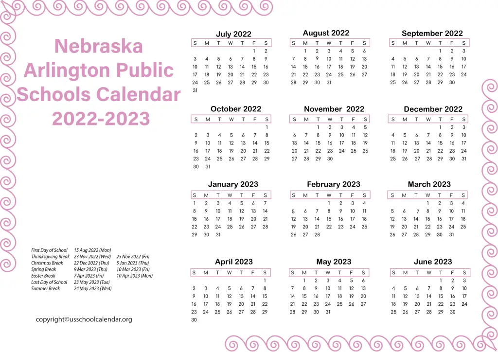 Nebraska Arlington Public Schools Calendar 2022-2023 2-1