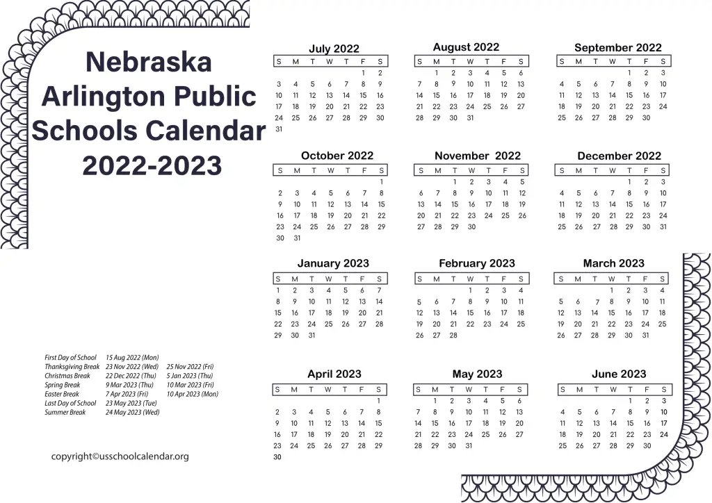 Nebraska Arlington Public Schools Calendar 2022-2023 3-1