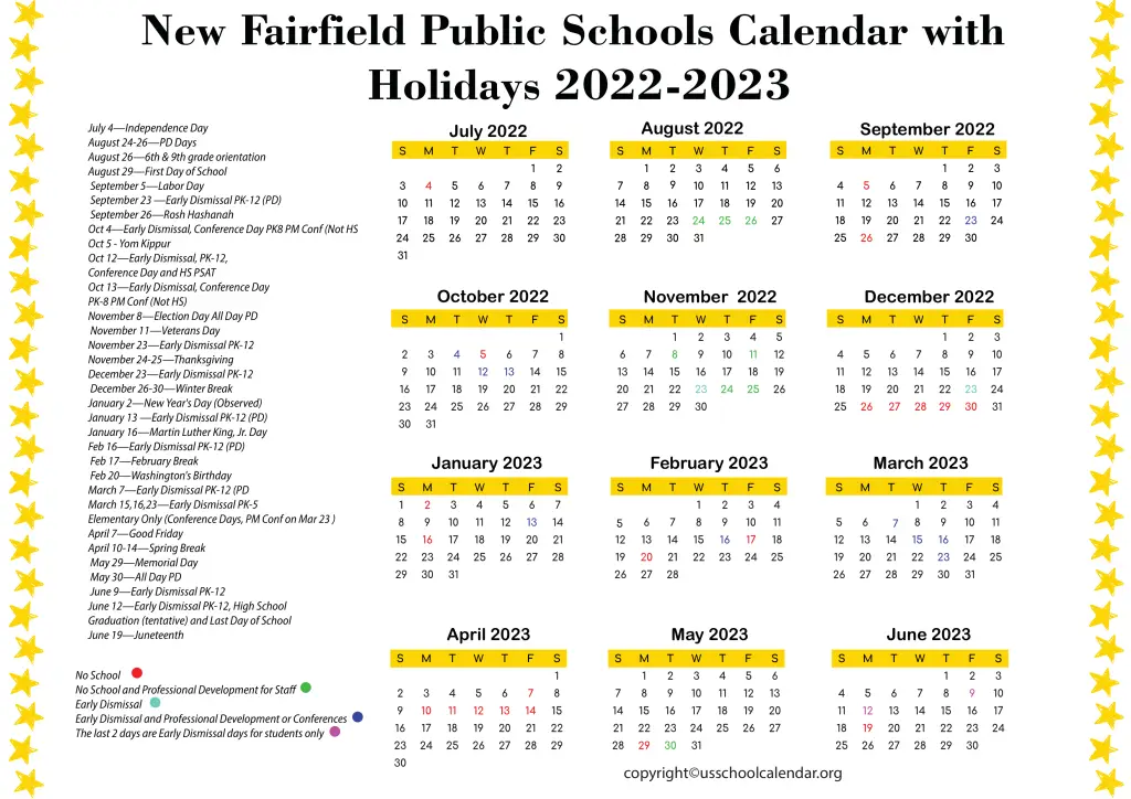 New Fairfield Public Schools Calendar with Holidays 2022-2023 2