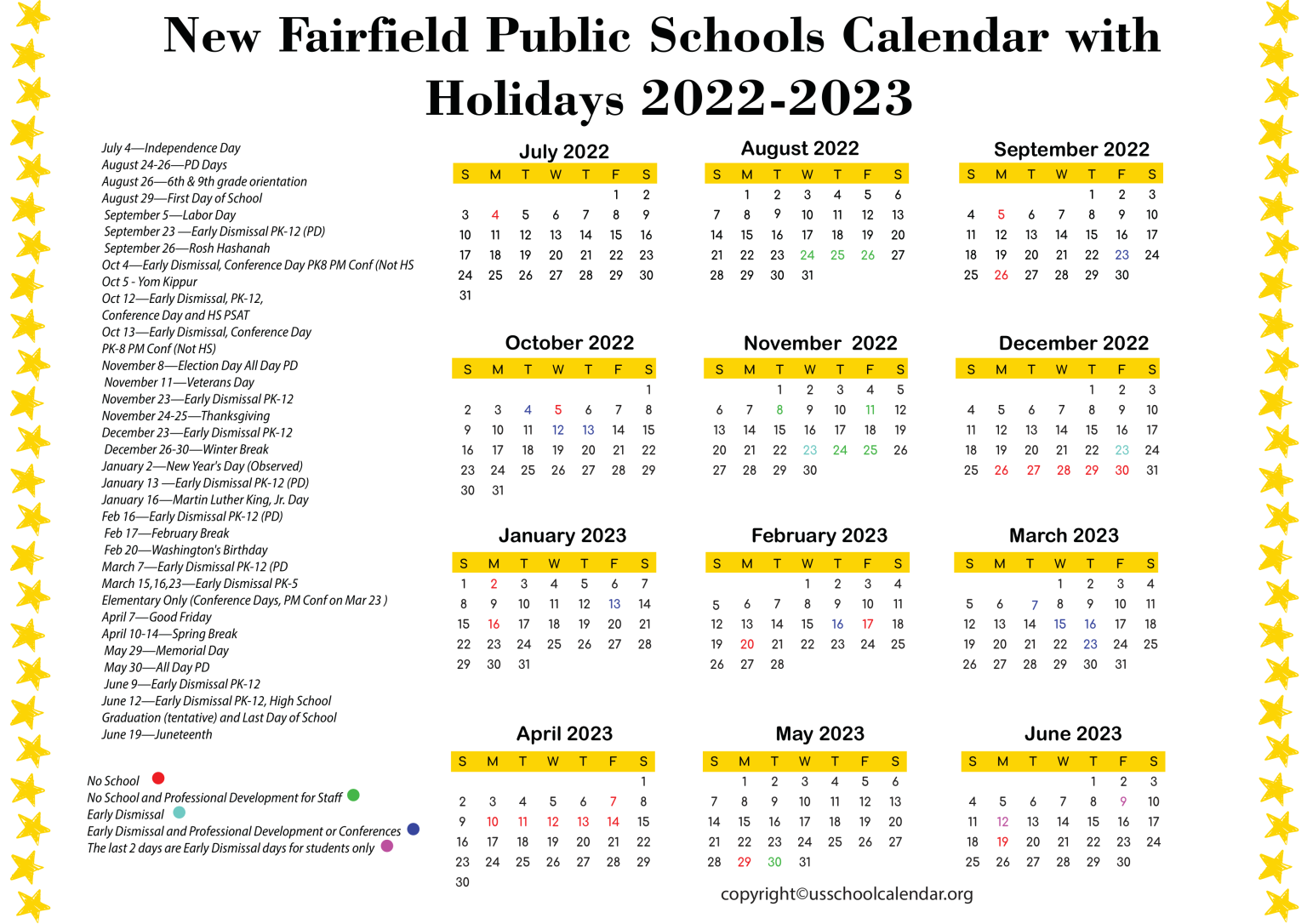 New Fairfield Public Schools Calendar with Holidays 2023