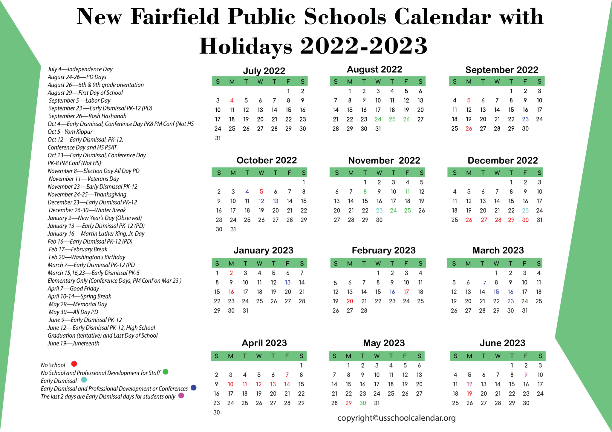 New Fairfield Public Schools Calendar with Holidays 2023