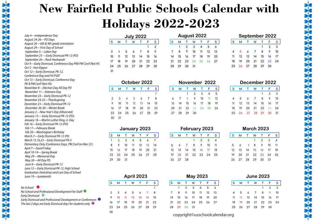 New Fairfield Public Schools Calendar with Holidays 2022-2023 3