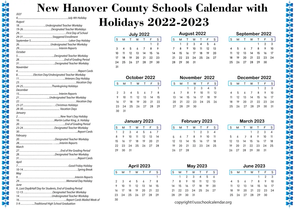New Hanover County Schools Calendar with Holidays 2022-2023