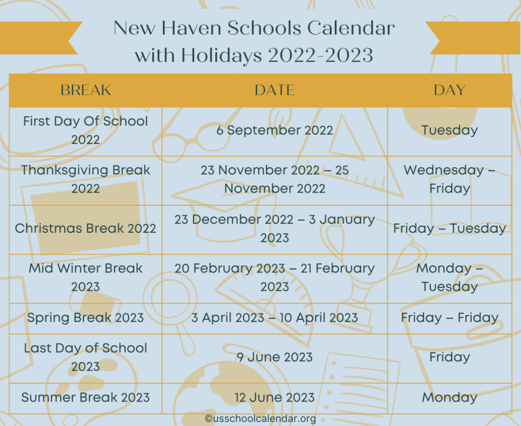New Haven Schools Calendar with Holidays 2022-2023