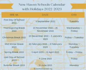 New Haven Schools Calendar with Holidays 2022-2023