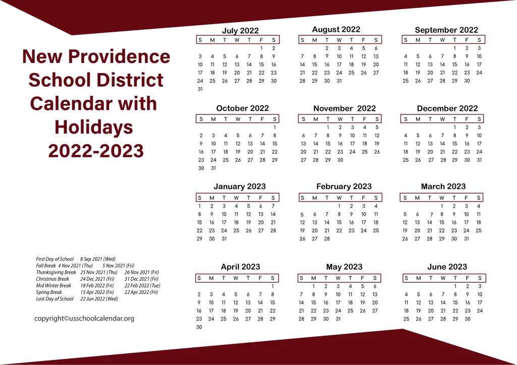 New Providence School District Calendar with Holidays 2022-2023 2