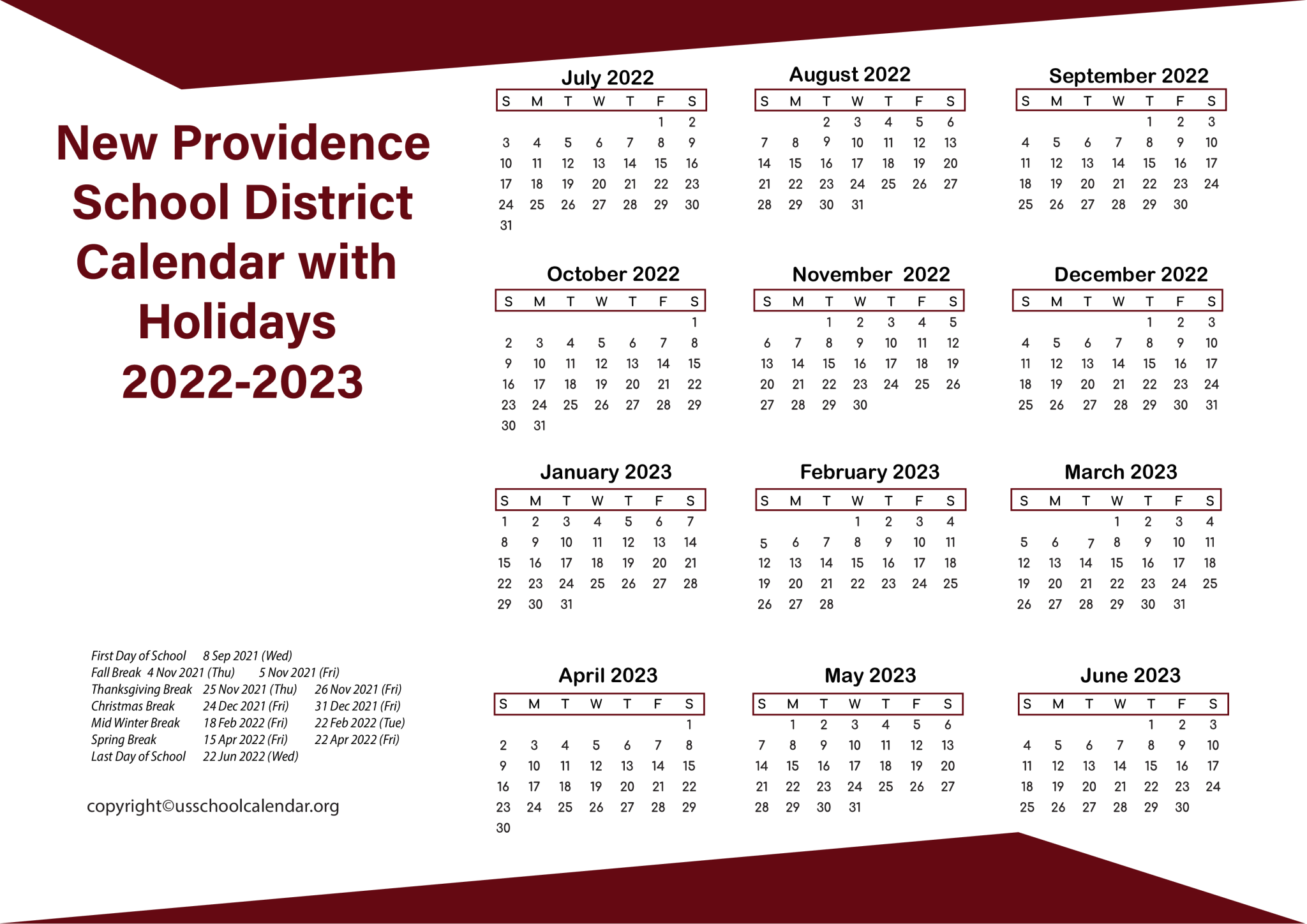 [NPSD] New Providence School District Calendar Holidays 2023