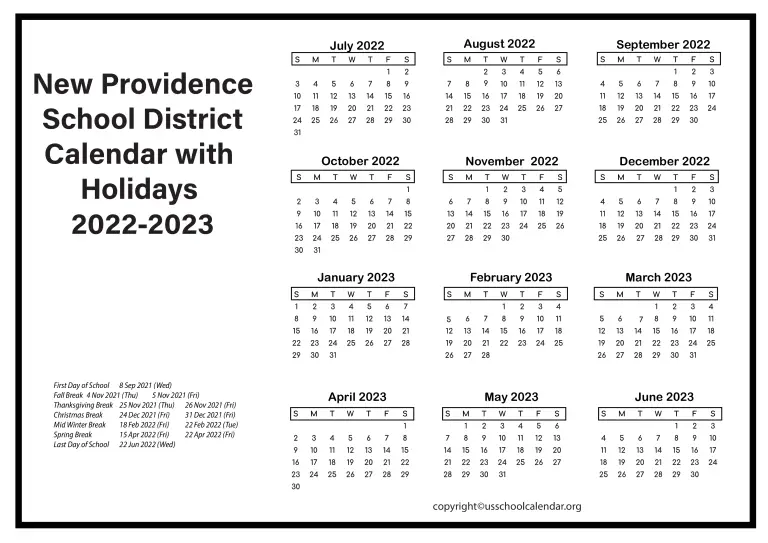 [NPSD] New Providence School District Calendar Holidays 2023