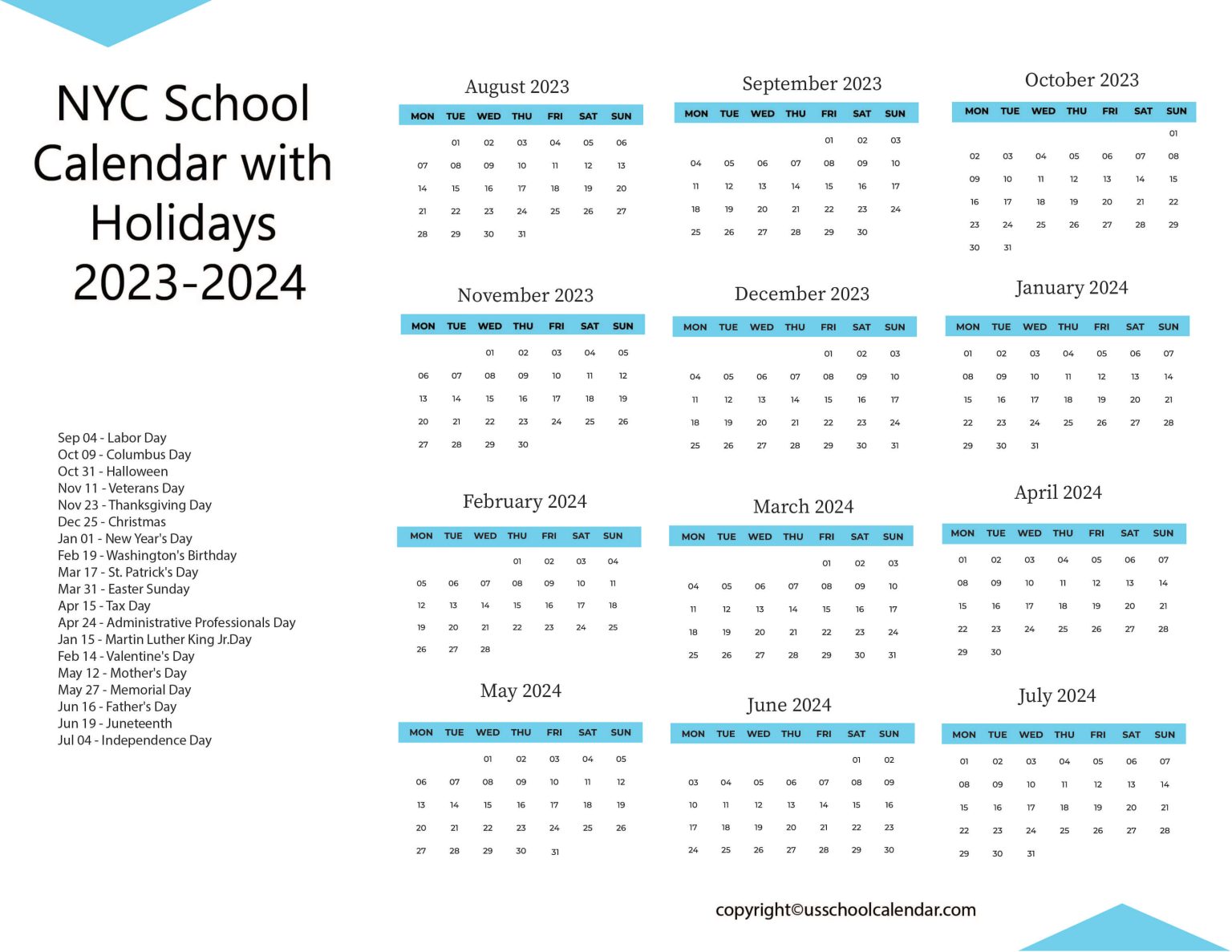 NYC School Calendar with Holidays 20232024