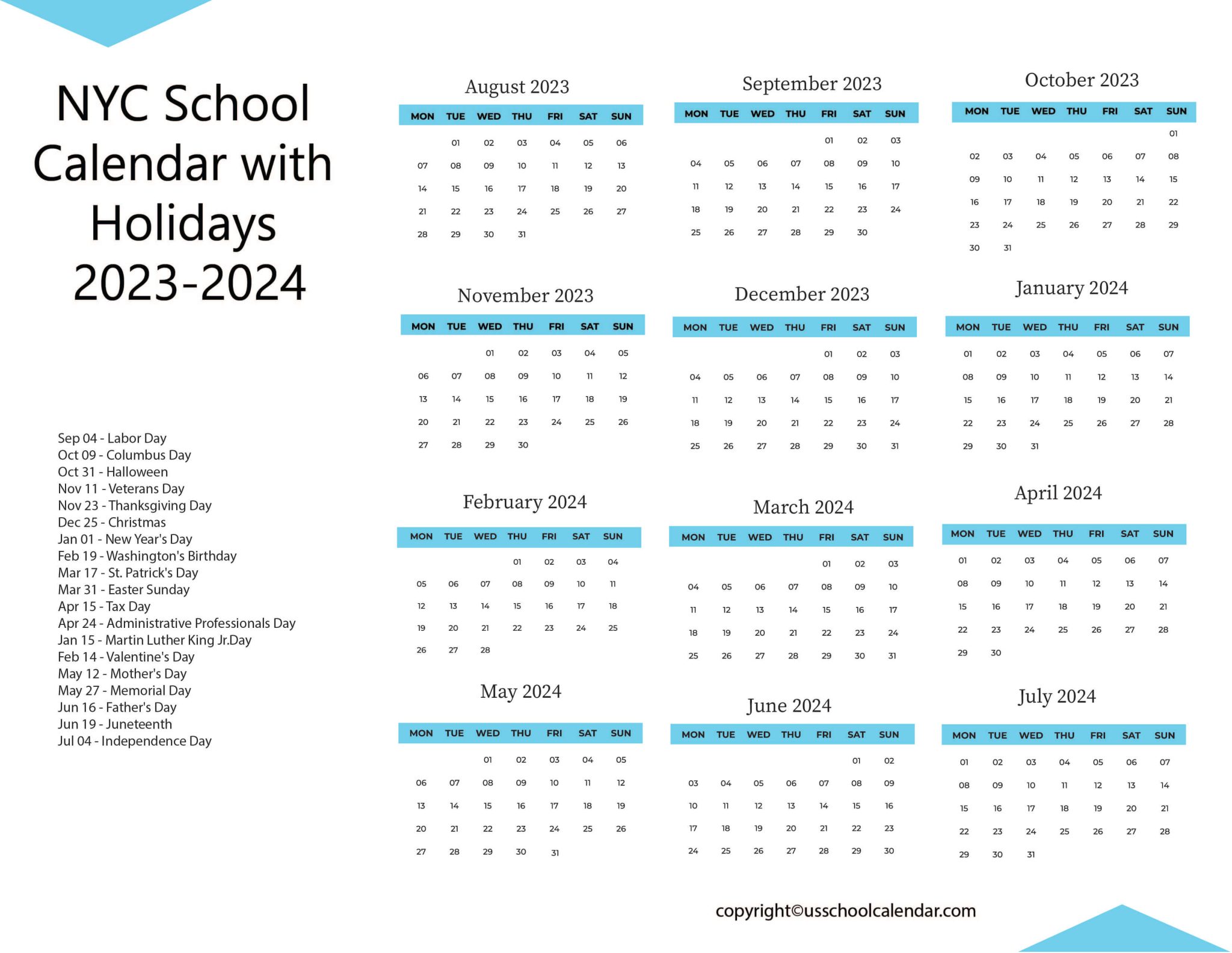 NYC School Calendar with Holidays 20232024