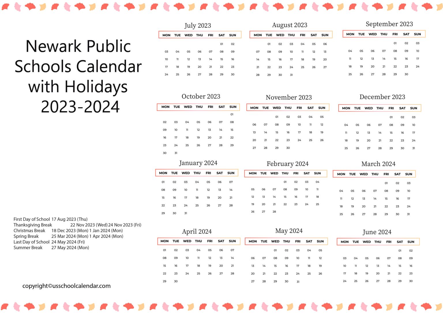 Newark Public Schools Calendar with Holidays 20232024