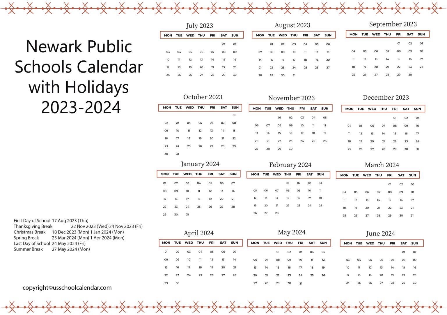 Newark Public Schools Calendar with Holidays 2023 2024