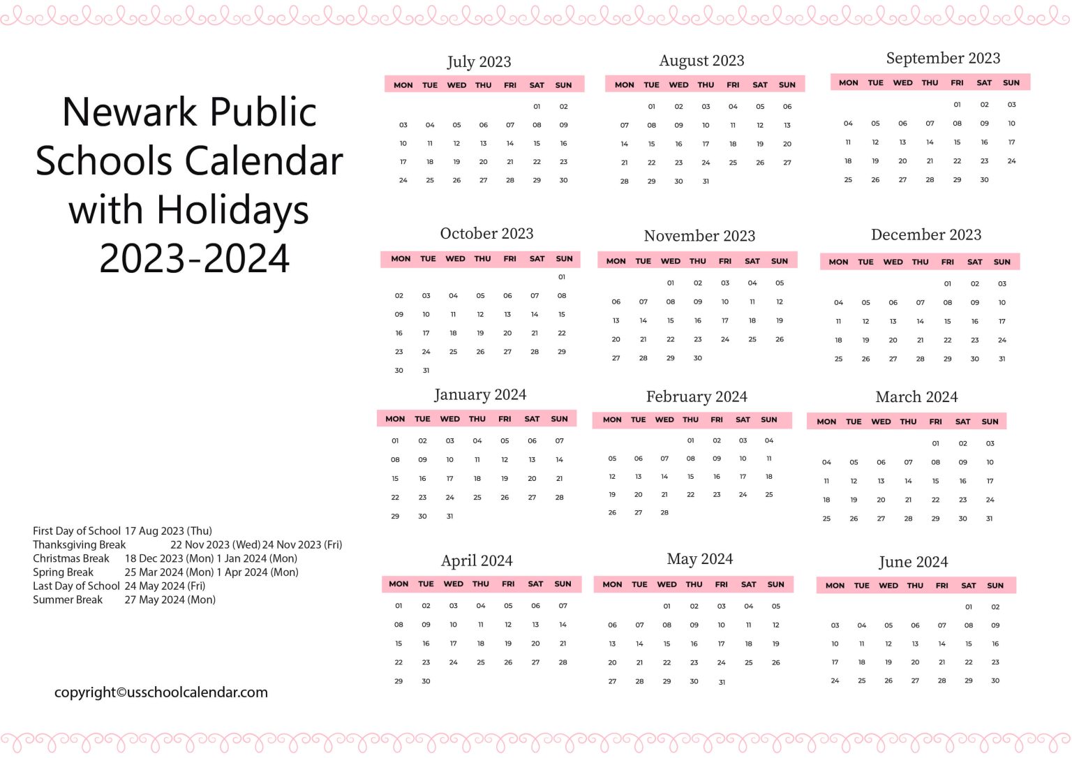 Newark Public Schools Calendar with Holidays 20232024