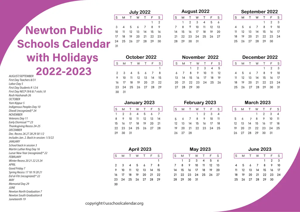 Newton Public Schools Calendar with Holidays 2022-2023