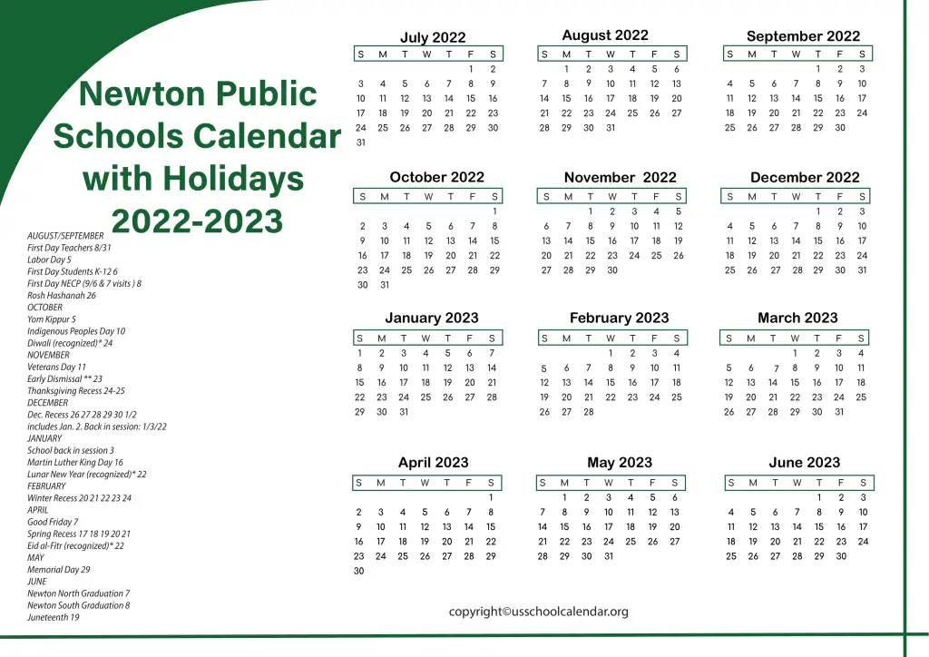 Newton Public Schools Calendar with Holidays 2022-2023 2