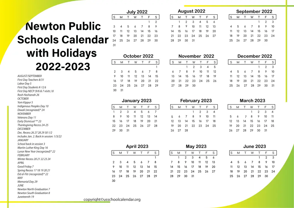 Newton Public Schools Calendar with Holidays 2022-2023 3