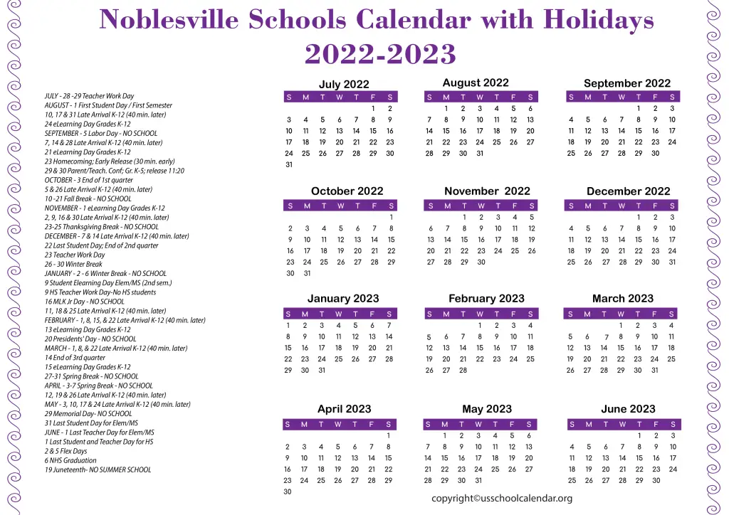 Noblesville Schools Calendar with Holidays 2022-2023