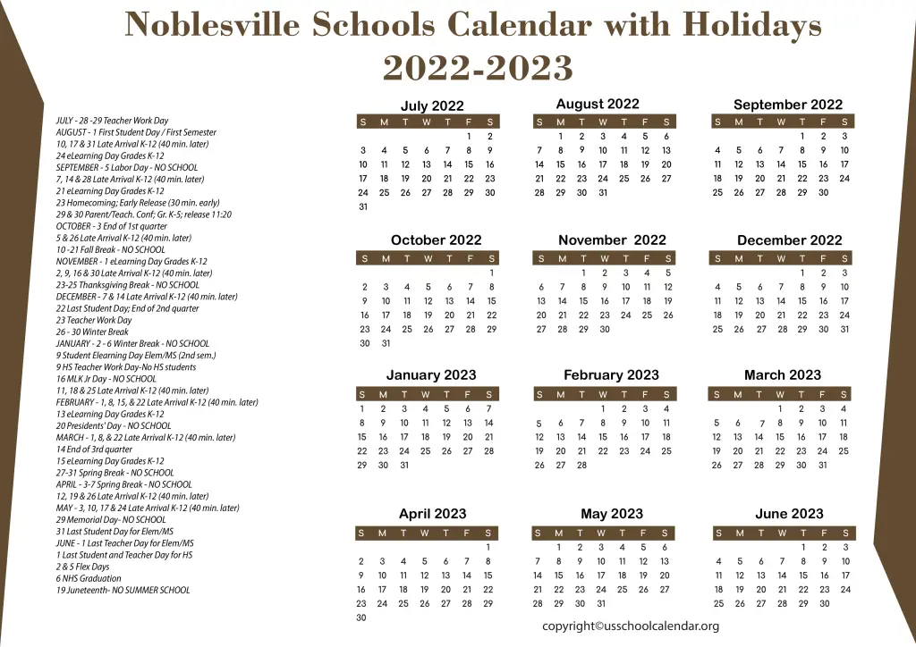 Noblesville Schools Calendar with Holidays 2022-2023 2