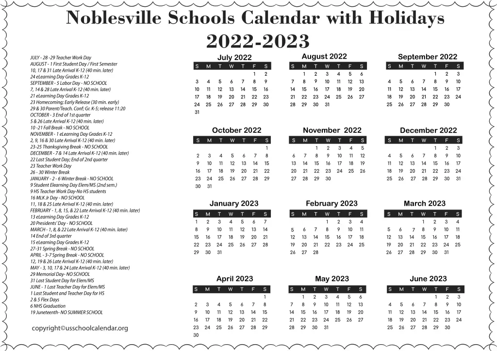 Noblesville Schools Calendar with Holidays 2022-2023 3