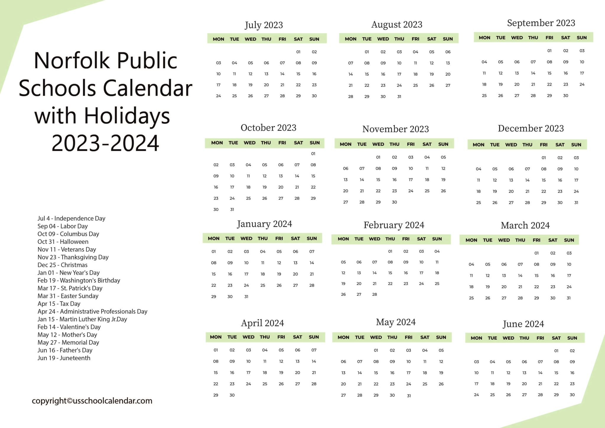 Norfolk Public Schools Calendar with Holidays 2023 2024