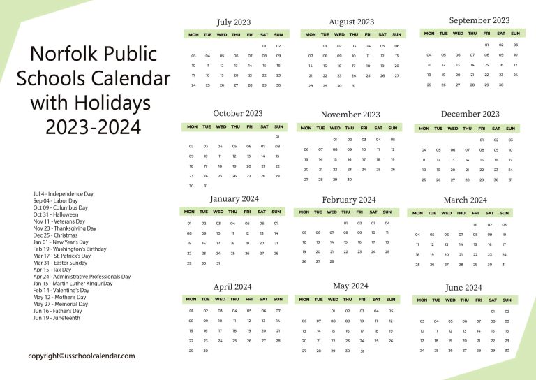 Norfolk Public Schools Calendar with Holidays 20232024