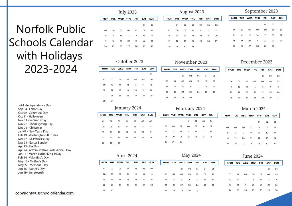 Norfolk Schools Calendar