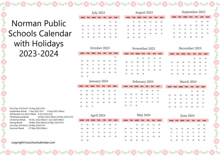 Norman Public Schools Calendar with Holidays 20232024