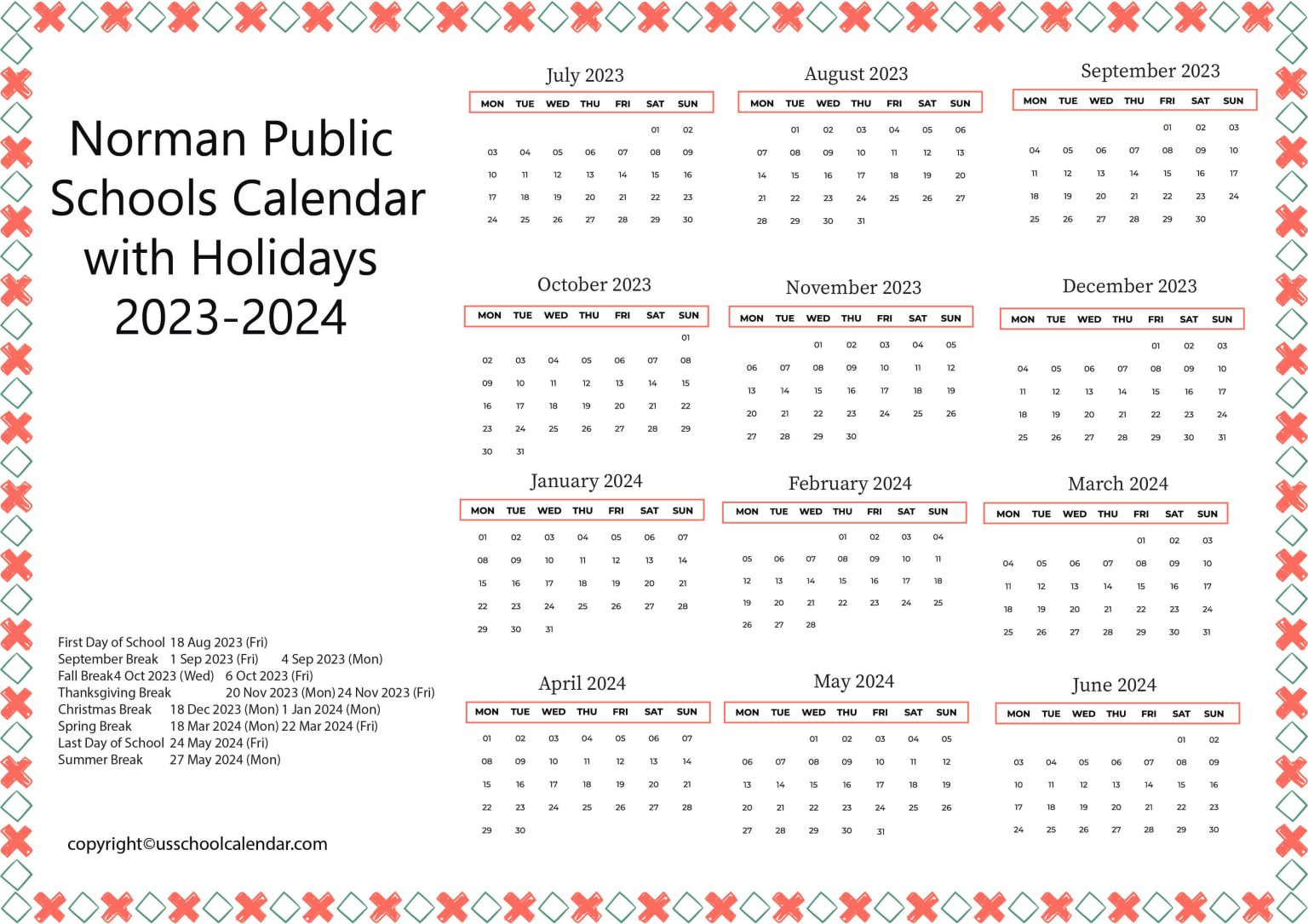 Norman Public Schools Calendar with Holidays 2023 2024