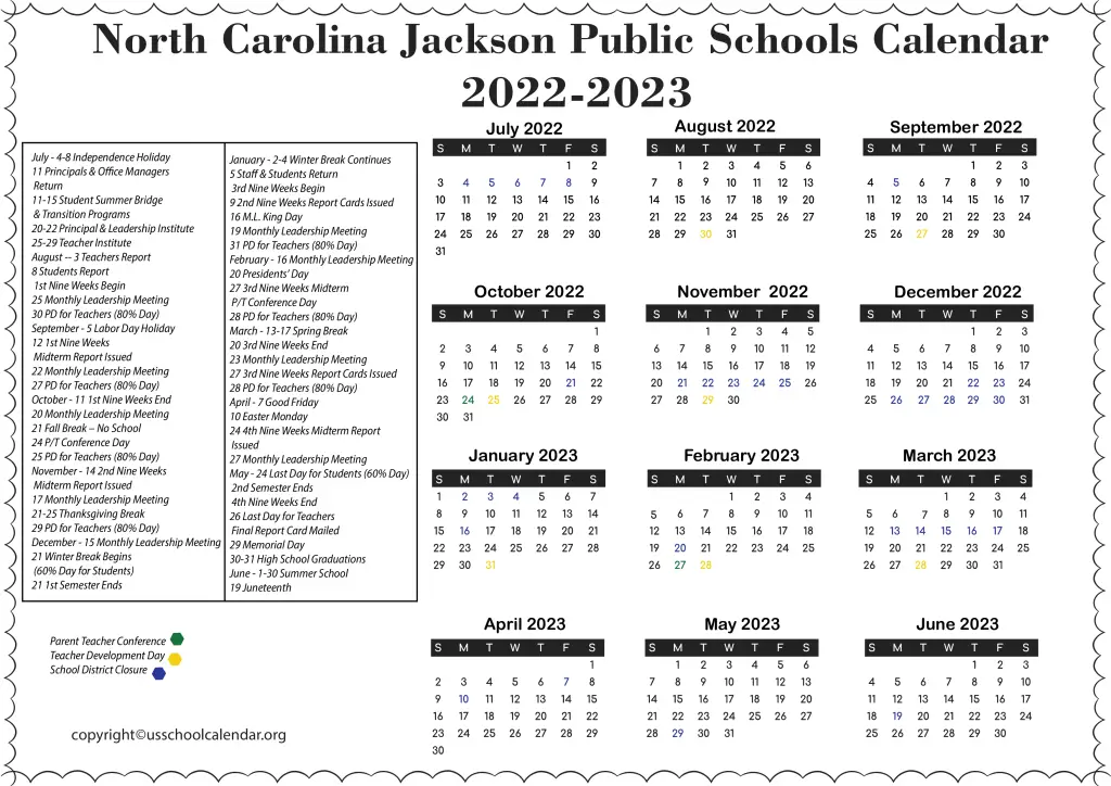 North Carolina Jackson Public Schools Calendar 2022-2023