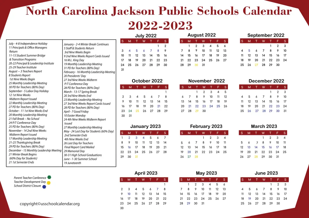 North Carolina Jackson Public Schools Calendar 2022-2023 2