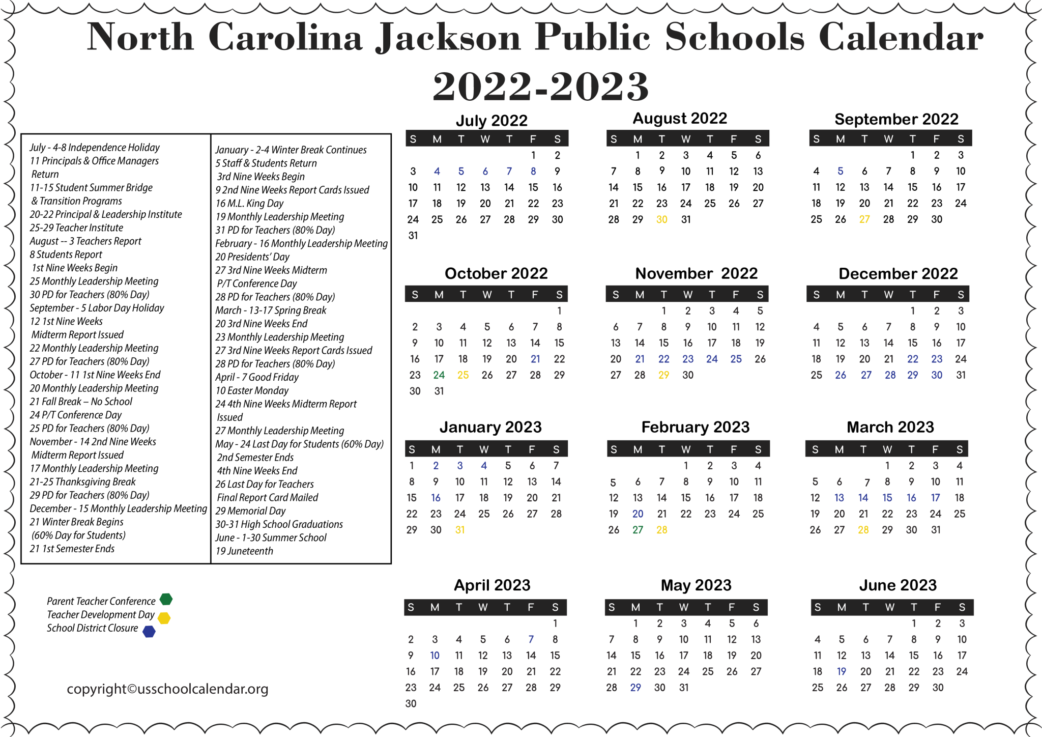 North Carolina Jackson Public Schools Calendar 2023