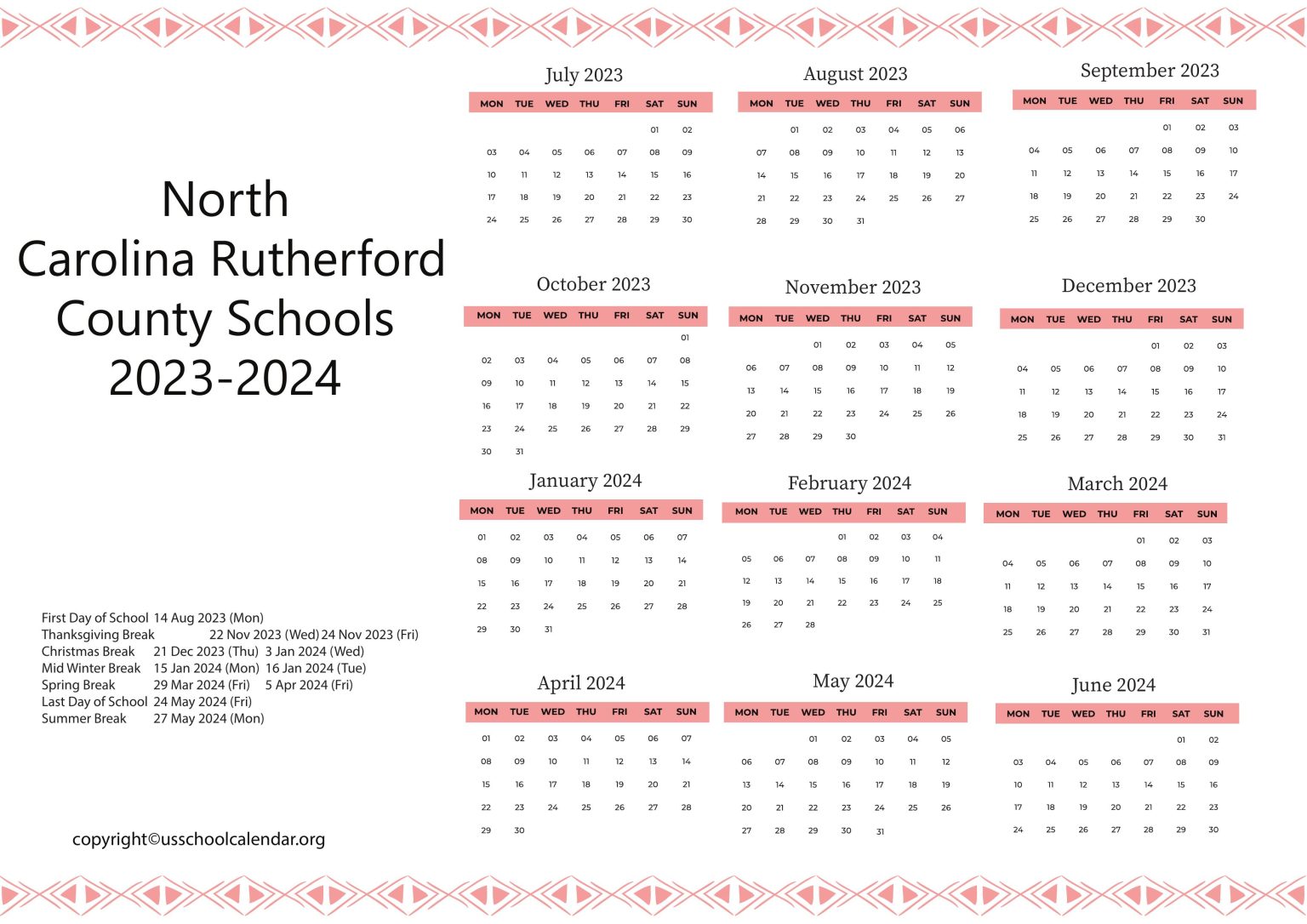 North Carolina Rutherford County Schools Calendar 20232024