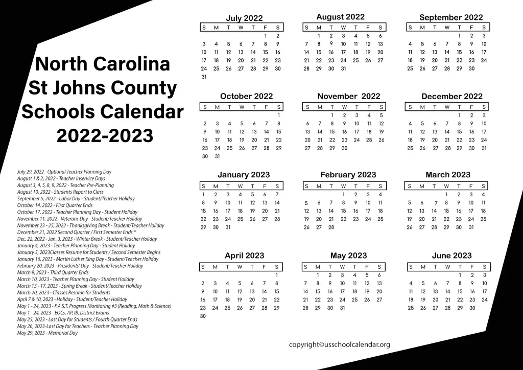 North Carolina St Johns County Schools Calendar 2022-2023 2