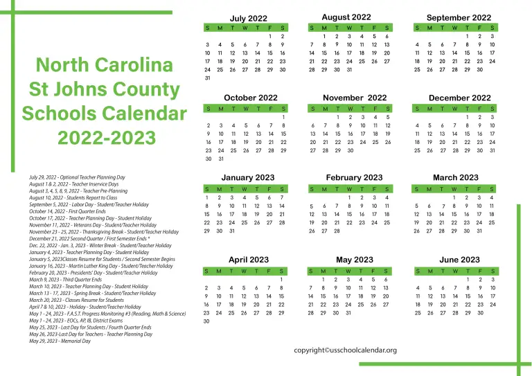 North Carolina St Johns County Schools Calendar 2023