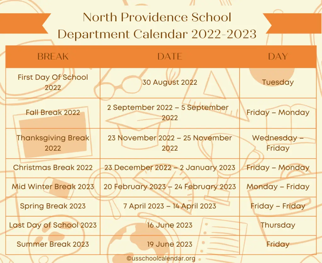 North Providence School Department Calendar 2022-2023